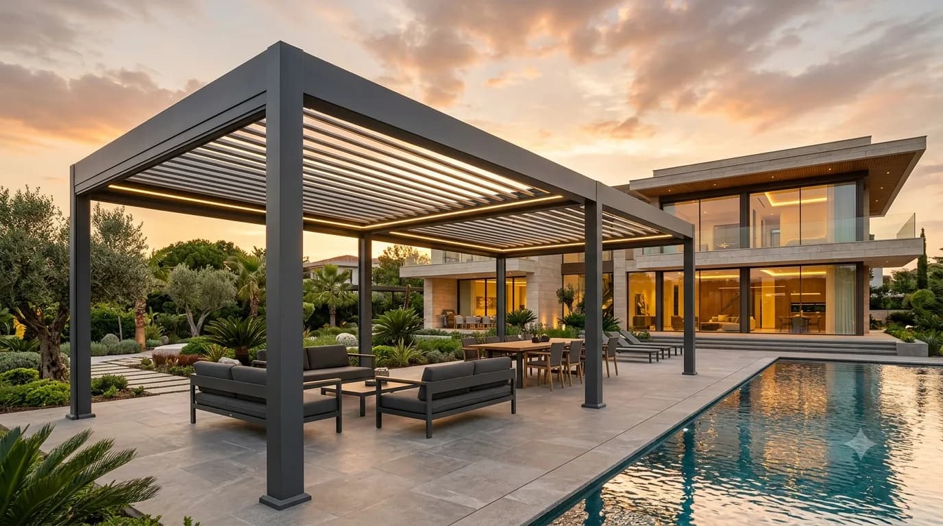Modern villada bioklimatik pergola uygulaması